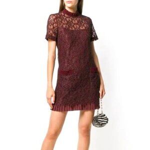 NWT SANDRO Paris Bordaux Floral Lace Mini Shift Dress Short Sleeve 6 MSRP $370